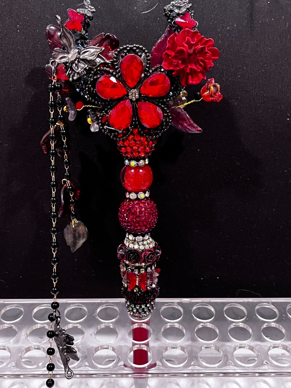 Halloween Gothic inspired red and black crescent moon focal fancy beaded pen
